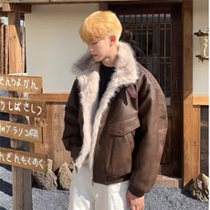 AP美式复古座山雕毛领皮面棉服加厚保暖短款皮毛一体外套男，男装棉衣，四季星座505