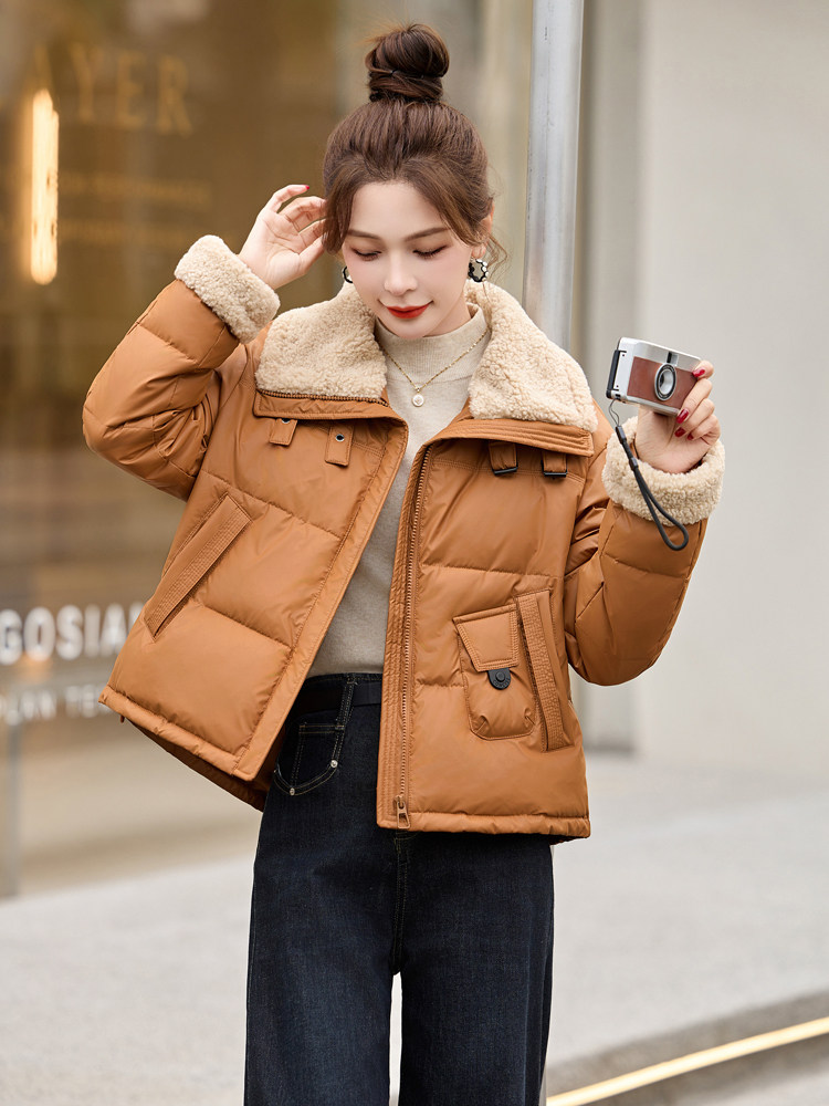 羊羔毛领拼接PU皮羽绒服女2025冬季新款小个子时尚洋气白鸭绒外套,女装羽绒服,沐七七