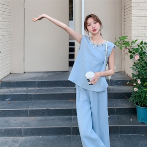 蓝色无袖上衣阔腿裤两件套女2025年夏季新款韩系气质休闲显瘦套装图片