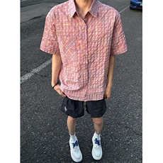 色织泡泡纱短袖衬衫女男夏季宽松古巴领T恤格纹速干外套CD08，男装T恤，星座1116A（原606A-3）