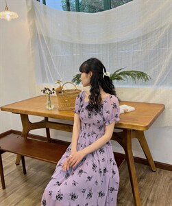 植绒印花薰衣草连衣裙图片