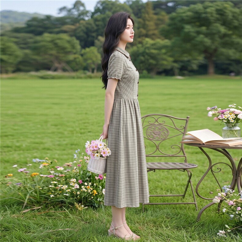 学院风格纹连衣裙女春夏收腰显瘦中长裙格子裙子,女装连衣裙,水衣源