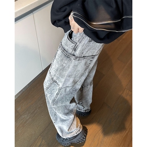 美式高街牛仔裤秋季男女生2024直筒宽松阔腿潮牌痞帅巴家弯刀裤子图片