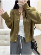 时尚百搭短款圆领针织开衫女春秋新款长袖宽松显瘦毛衣外套，女装羊毛衫，百纯羊绒