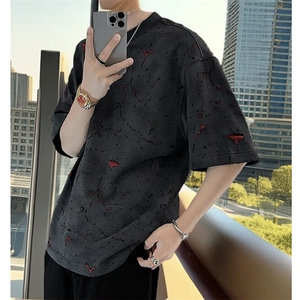 网图 美式高街潮牌破洞短袖烧花水洗做旧T恤T2609-P50图片