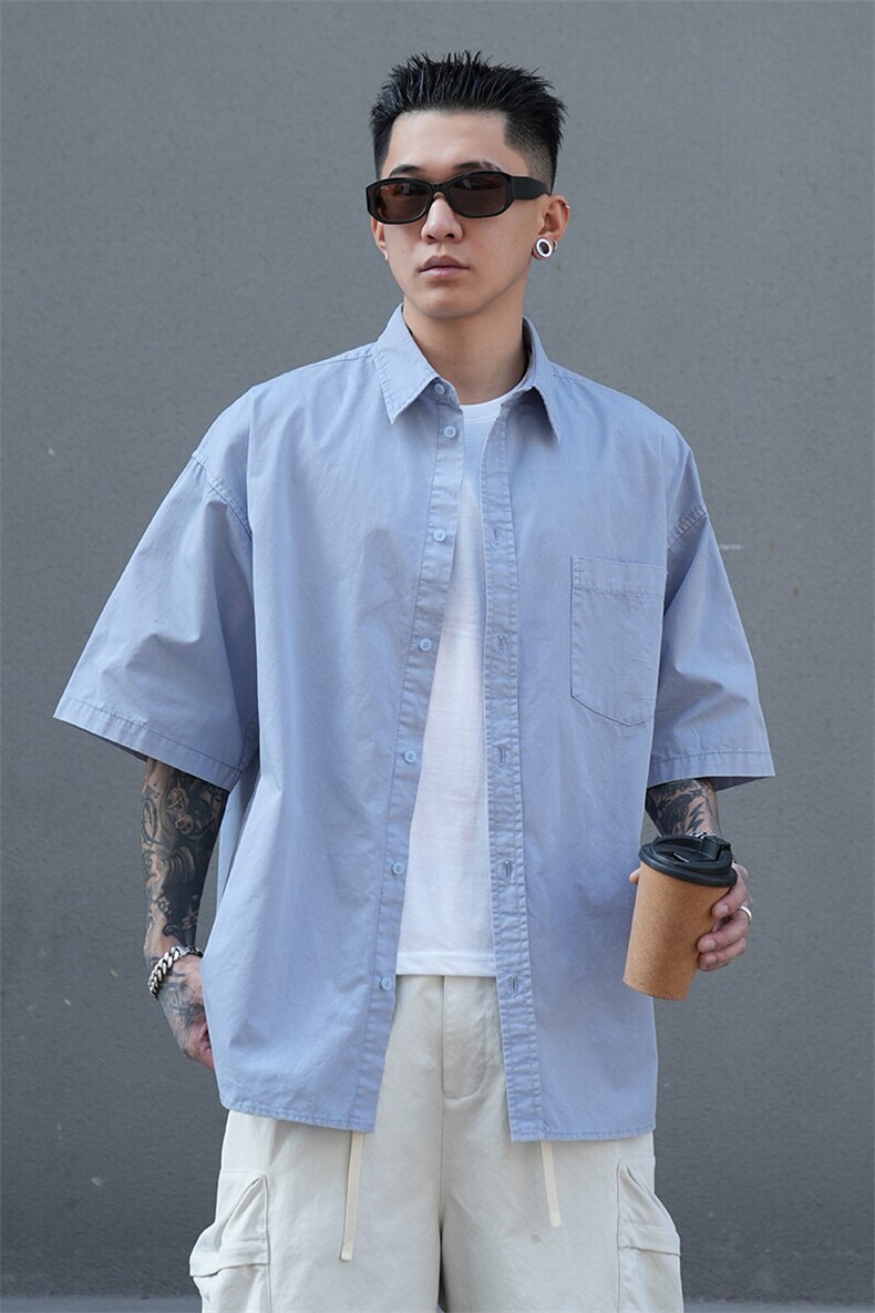 美式工装衬衫短袖夏季宽松纯棉脏染衬衣男A436-0628-P4569,男装衬衫,电商A436