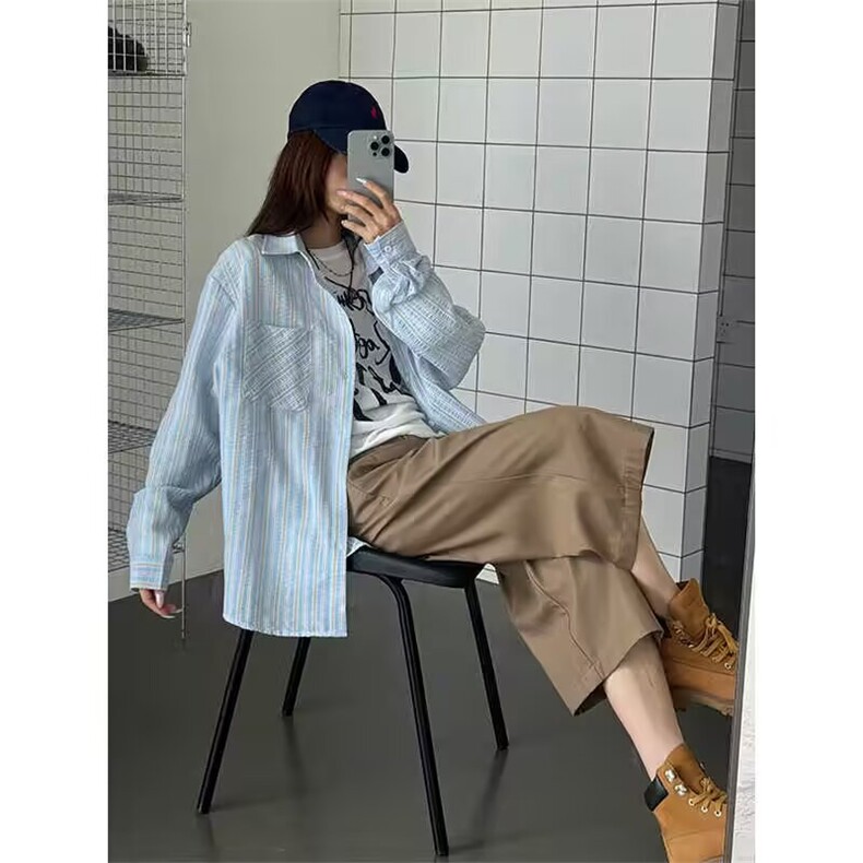 韩版秋装新款气质时髦细条纹长袖衬衫女宽松慵懒显瘦清新减龄衬衣,男装衬衫,星座506A