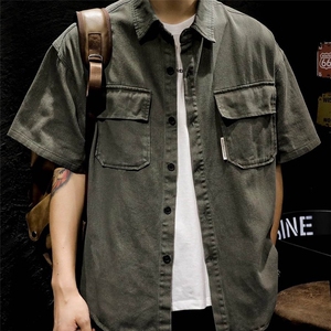 港风新款短袖衬衫男夏季休闲工装衬衣潮流潮牌宽松大码胖子外套图片