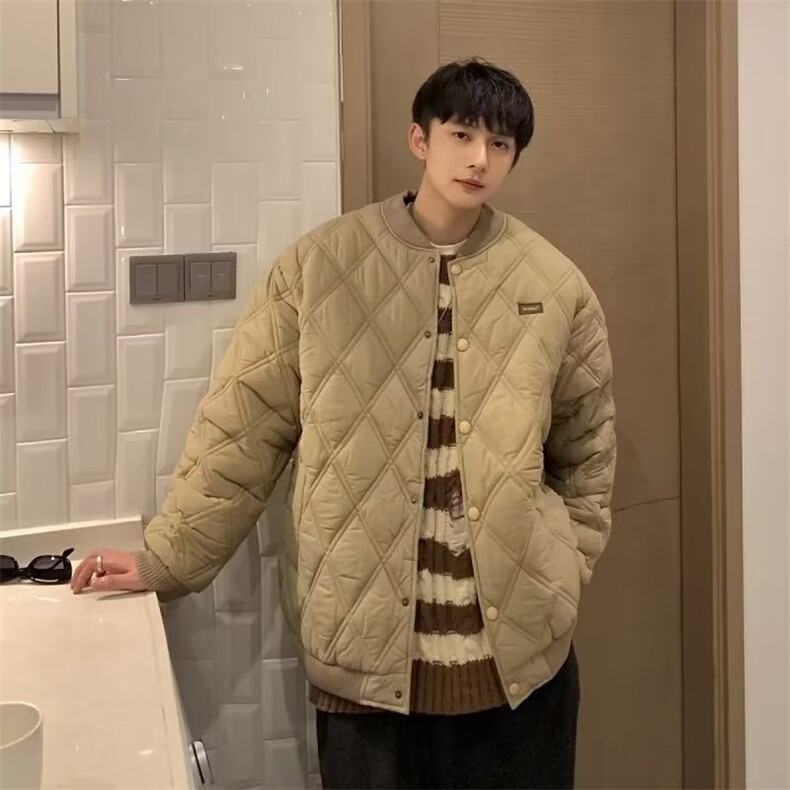 美式菱形格棉衣男潮牌ins复古情侣棒球棉服冬季特厚宽松棉袄外套图片