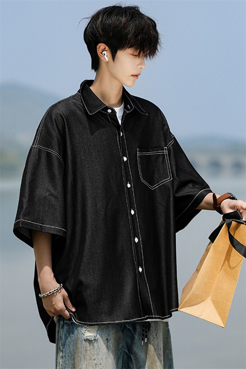 8XL-M冰丝牛仔短袖衬衫男款夏季薄款宽松慵懒衬衣外套DC28006P60,男装T恤,电商B312