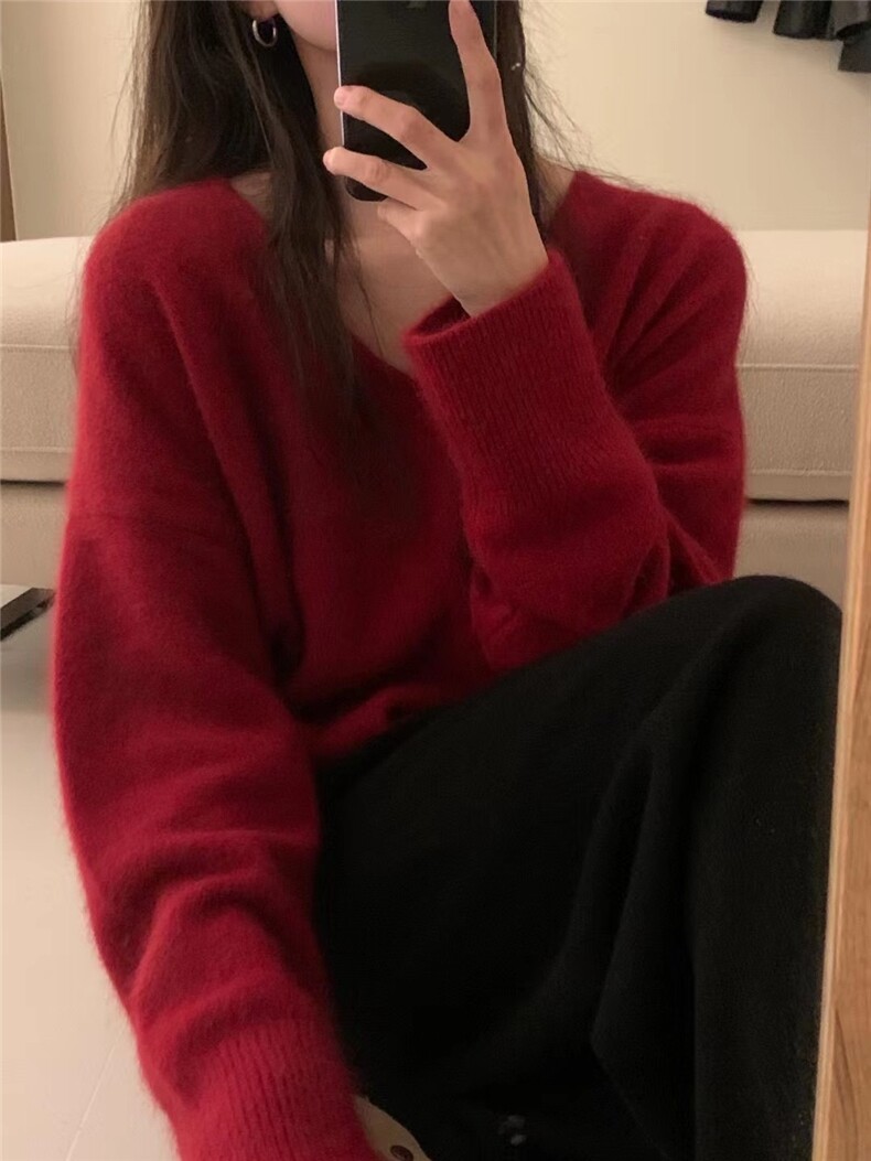 秋冬纯色V领长袖羊毛针织衫女韩版宽松针织衫,女装羊毛衫,恩泰羊绒