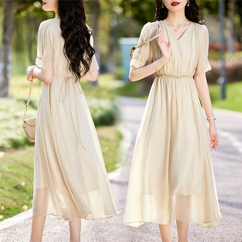 2024年夏季纯色V领短袖长款盘扣复古女装连衣裙，女装连衣裙，初闻兮