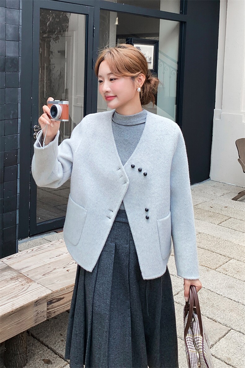 灰蓝色羊毛双面呢大衣外套女秋冬2025新款小个子流行爆款超火显瘦,女装毛呢外套,1C150