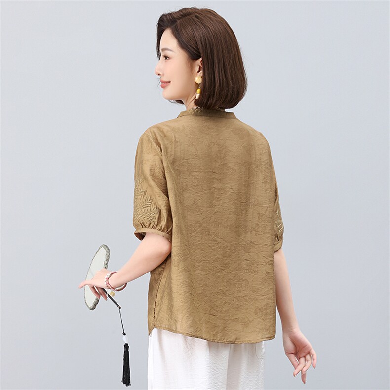 高端女2025夏装新中式天丝麻小衫文艺气质复古妈妈棉麻,女装衬衫,凝聚力