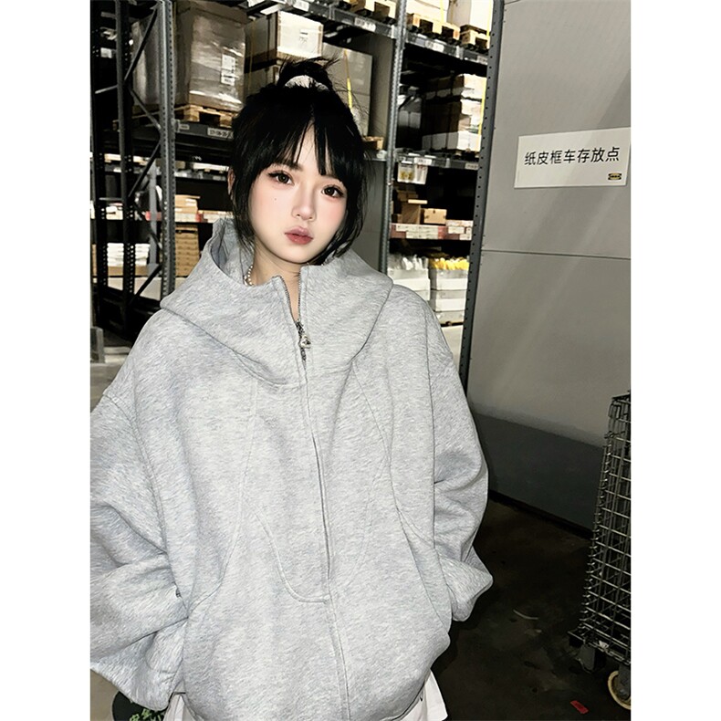 抖音得物高品质二开26春装美式高街重磅结构高领连帽卫衣外套W62,女装短外套,电商A486