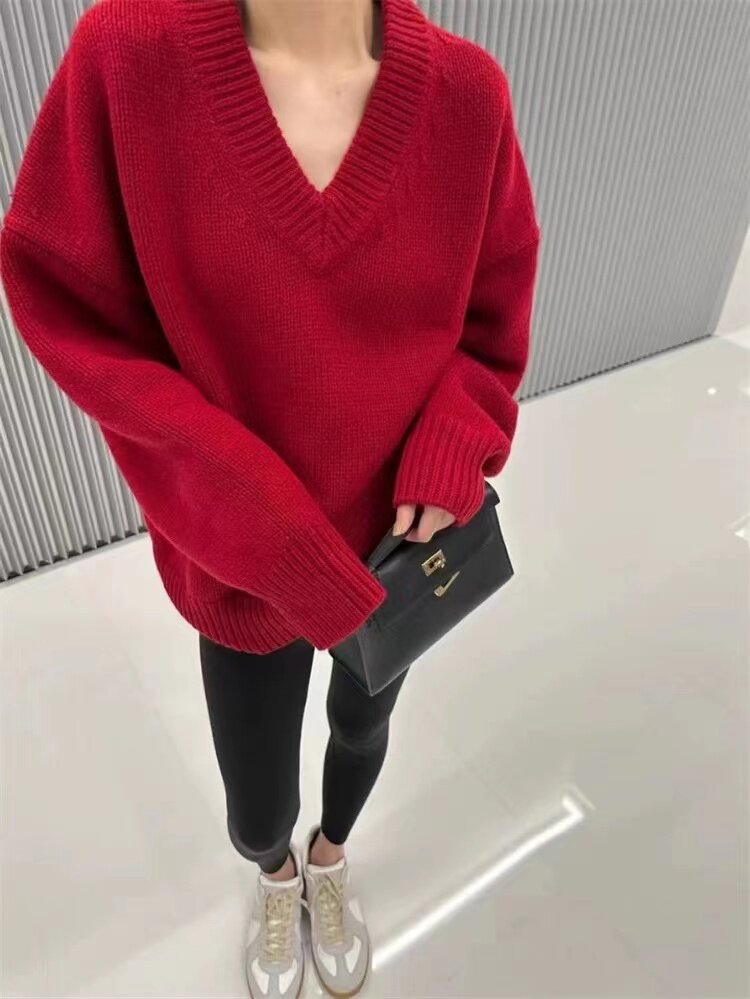 新款慵懒风软糯全V领针织衫毛衣女打底衫图片