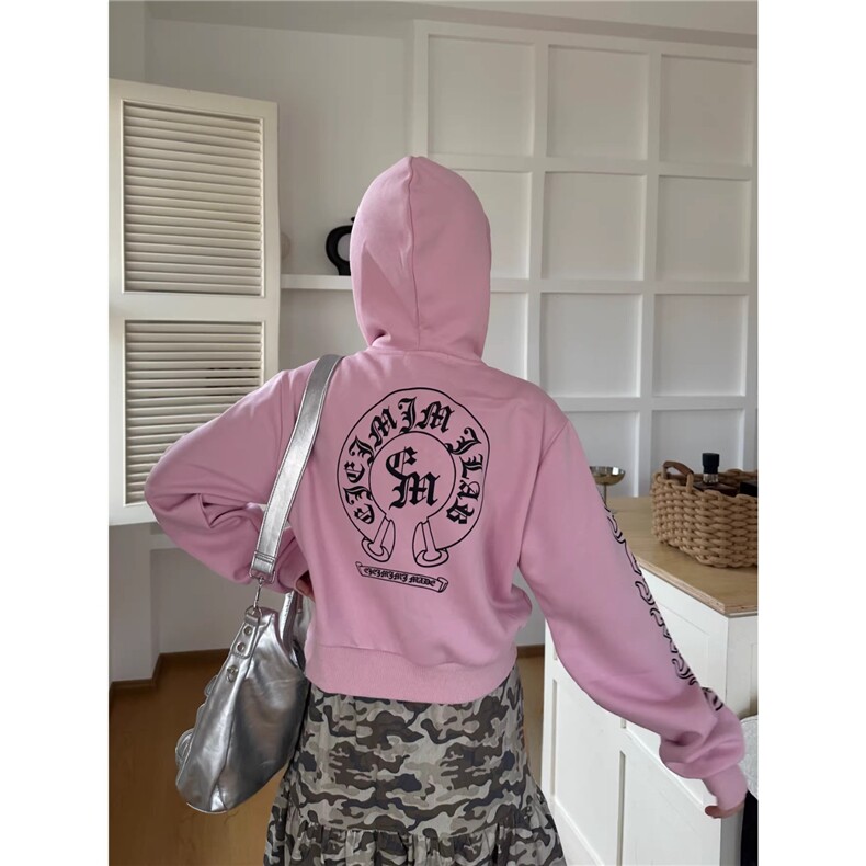 美式复古梵文印花短款宽松拉链开衫卫衣女秋街头外套,女装短外套,星座506A