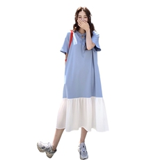 法式蓝色拼接连衣裙女夏小个子超火衬衫裙鱼尾裙甜美风初恋桔梗，女装连衣裙，2C217