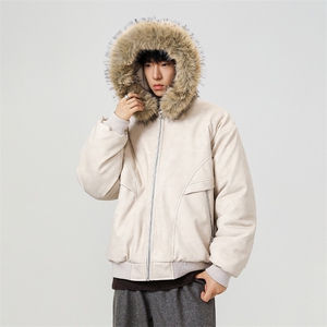 现货 扎染PU皮棉服男冬季加厚连帽棉衣座山雕大毛领外套M090-P120图片