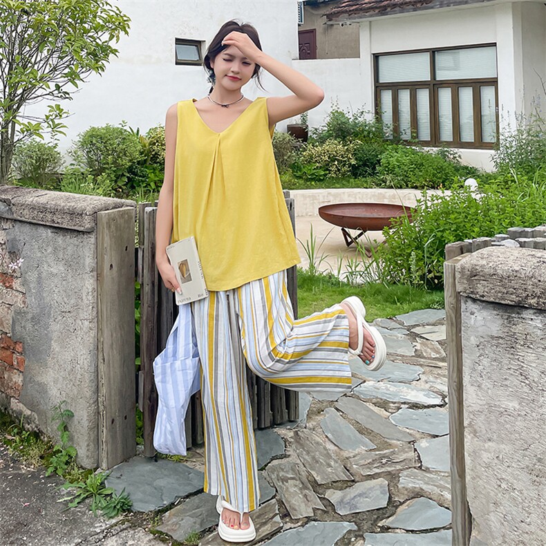 多巴胺黄色无袖背心娃娃衫套装夏季2025时尚减龄条纹阔腿裤两件套,女装套装/套裙,2C133