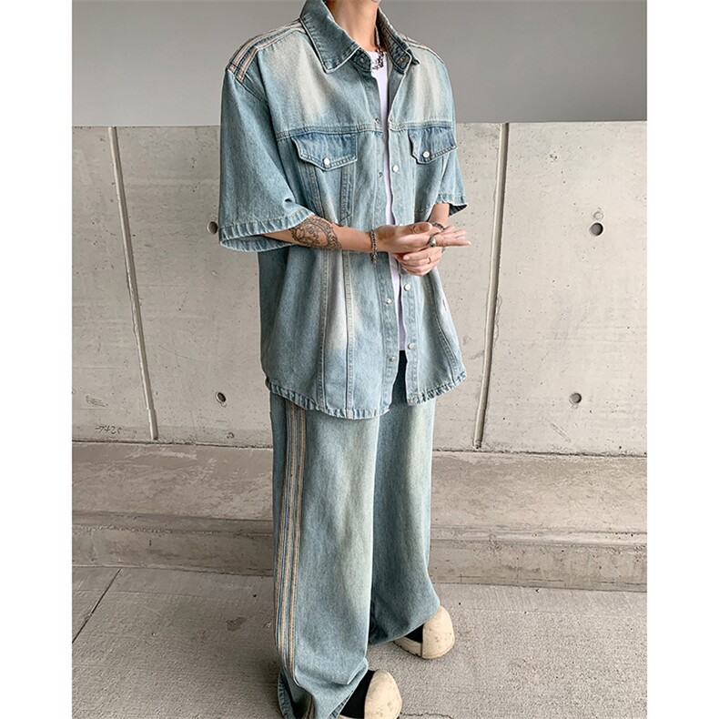 夏款男牛仔短袖衬衫工装大口袋渐变色条纹衬衣有垫肩CS1022P65,男装衬衫,星座1013-1