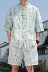 2025夏季新款男装风冰丝印花盘扣唐装套装短袖+短裤A106-P80，男装休闲套装，电商B277(原6028)