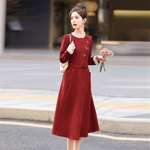 红色新中式假两件连衣裙女2025春秋新款正式场合气质订婚长裙图片