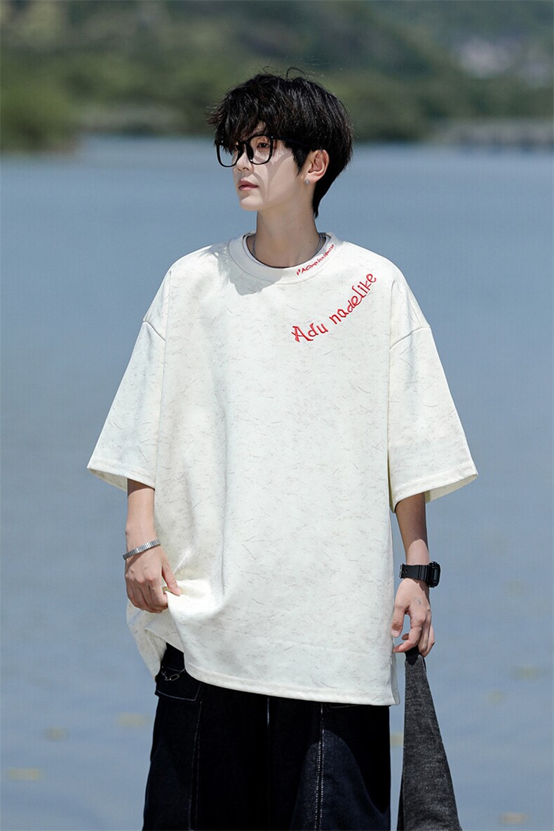 8XL-M高级感复古扎染短袖男波浪纹半截袖美式刺绣T恤DX345,男装T恤,电商D206-1