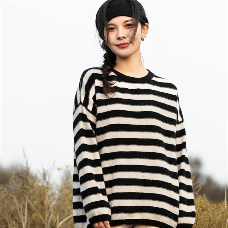 时尚潮流条纹宽松羊毛衫秋季必备百搭单品,女装羊毛衫,狄美羊绒