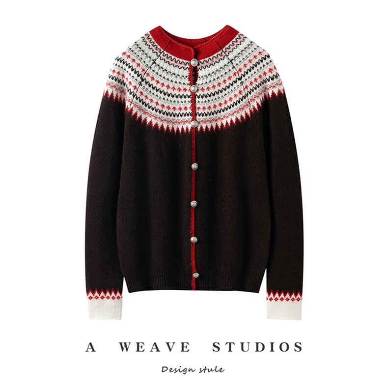 软糯羊绒针织衫女圆领复古提花长袖羊毛开衫2025新款费尔岛毛衣，女装针织衫/毛衣，兴泰羊绒