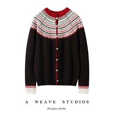 软糯羊绒针织衫女圆领复古提花长袖羊毛开衫2025新款费尔岛毛衣，女装针织衫/毛衣，兴泰羊绒