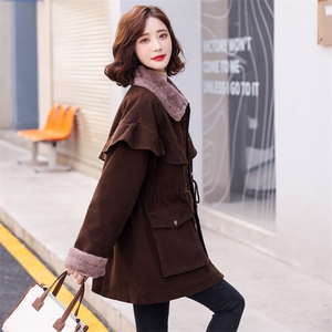 派克服女2021年冬季中长款棉衣加厚毛绒内胆腰部抽绳宽松舒适外套图片