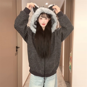 座山雕大毛领外套2025秋冬宽松开衫条纹连帽棉服外套MF420-P103图片