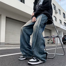 美式复古蓝牛仔裤男款夏季高级感潮牌百搭裤子痞帅宽松直筒阔腿裤，男装牛仔裤，星座716-4