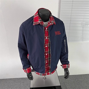 小众格子拼接假两件外套男秋复古工装飞行员夹克棒球服HH8561 P70图片