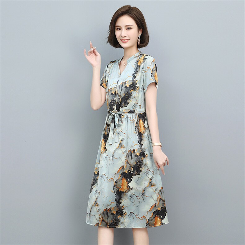 2022夏季新款复古印花雪纺连衣裙优雅显瘦V领短袖长裙,女装连衣裙,依恋蒂丝