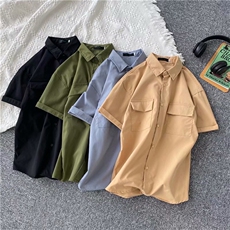 港风ins工装短袖衬衫男新款日系纯色百搭宽松五分半袖衫W924-P25，男装衬衫，星座512-2