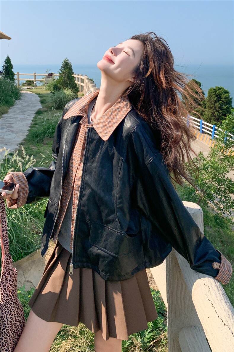 美式复古黑色假两件机车服短外套女春秋超火好看高级小众夹克上衣,女装皮衣,2C056