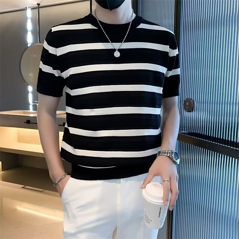 针织冰丝透气短袖T恤男士上衣夏条纹撞色休闲时尚ins潮流圆领图片