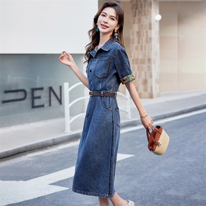 时尚减龄中式牛仔裙衬衫领收腰舒适牛仔长裙连衣裙女夏款图片