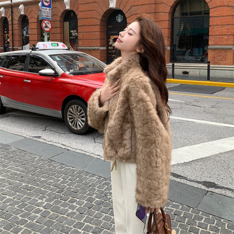 卡其色秋冬皮毛一体外套女仿水貂绒休闲上衣2C353--713#P180K268,女装短外套,2C353