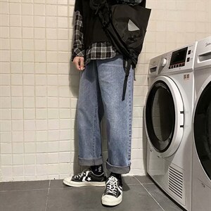 1008-2-N202-p35秋季休闲百搭牛仔裤潮男女裤子阔腿老爹裤直筒，男装牛仔裤，星座1008-2