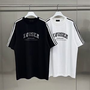 夏季美式高街重磅纯棉三条杠织带撞色男女短袖T恤STG219特P25图片
