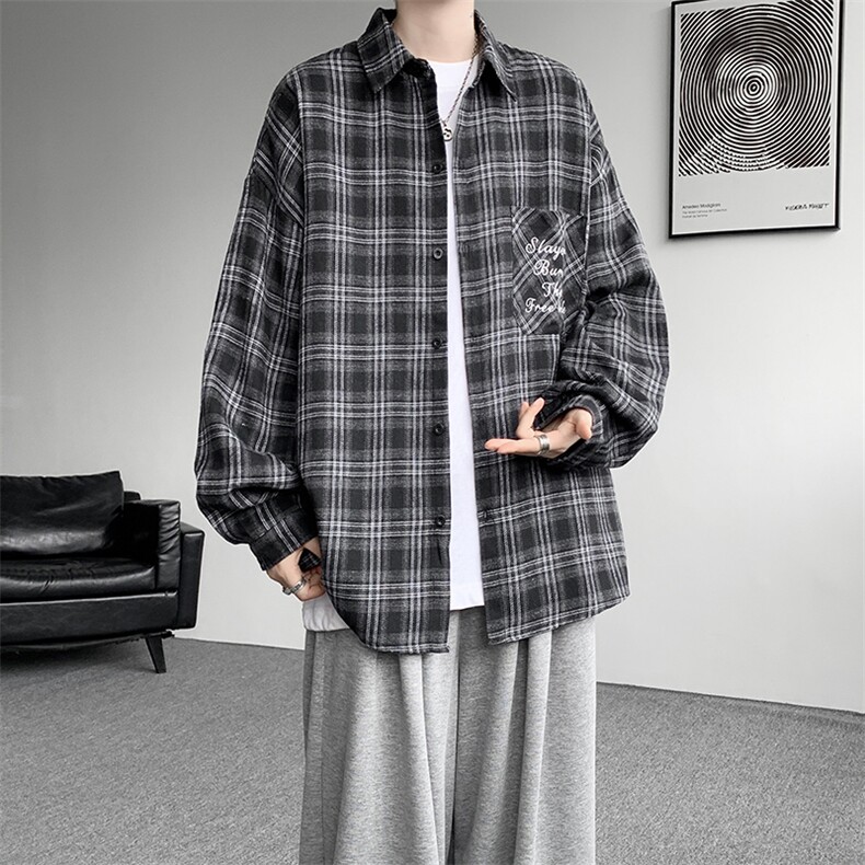 衬衫男春季新款港风宽松大码刺绣格子衬衣CS121-P35，男装衬衫，星座214-3