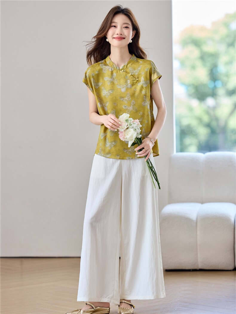 新中式套装女2026夏季新款时尚复古印花盘扣上衣阔腿裤两件套,女装套装/套裙,简韵佳