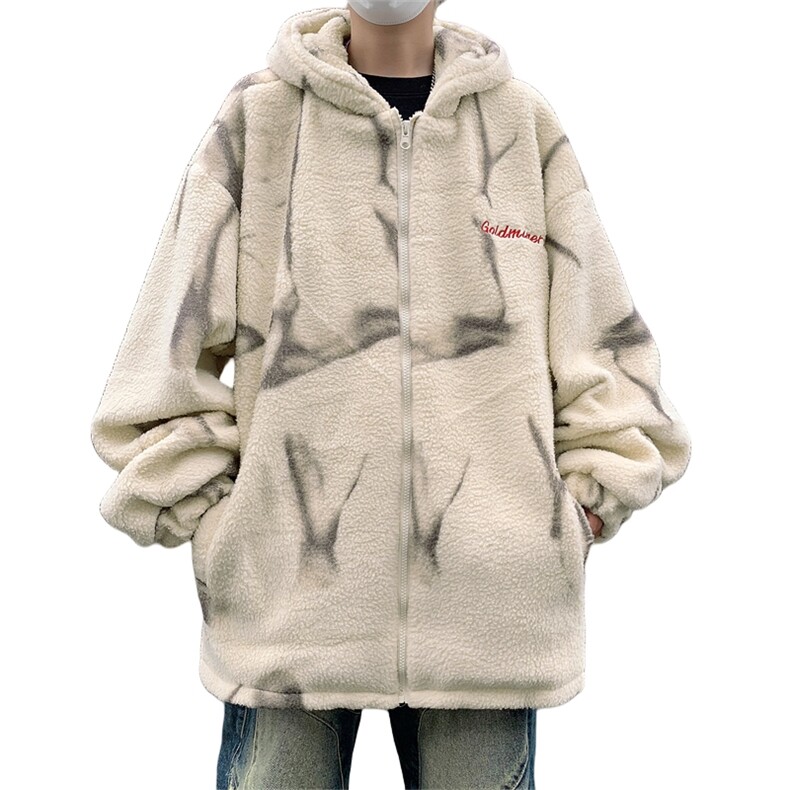 美式ins扎染羊羔绒棉服男加厚保暖棉衣冬季潮牌宽松连帽棉袄外套,男装棉衣,星座505-2（原电商A260-1)