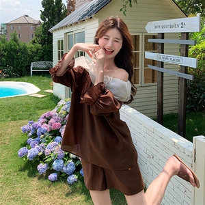 夏季甜美荷叶领短袖上衣+高腰短裤两件套女图片