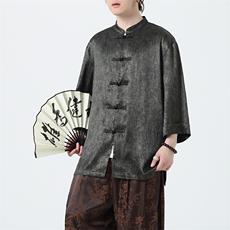 新中式男士七分袖衬衫2025夏季新款立领大码盘扣上衣CS2461-P60，男装衬衫，电商A008