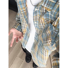 黄蓝色格子设计感衬衫高级感痞帅美式复古防晒衬衣CS002特P34，男装防晒衣，星座908-1