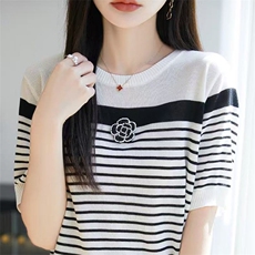 经典条纹~莱赛尔天丝山茶花条纹短袖女夏季圆领针织T恤打底衫，女装T恤，萱芳婷羊绒